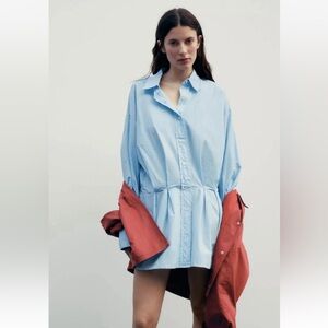 ZARA XXL SHIRT DRESS WITH PLEATS  BLUE |REF:6929/087 NWT